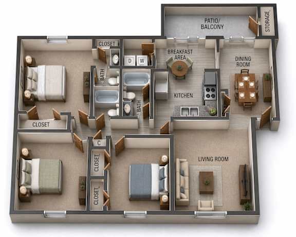 Floor Plan  A 3D rendered image of a house layout with labeled rooms.