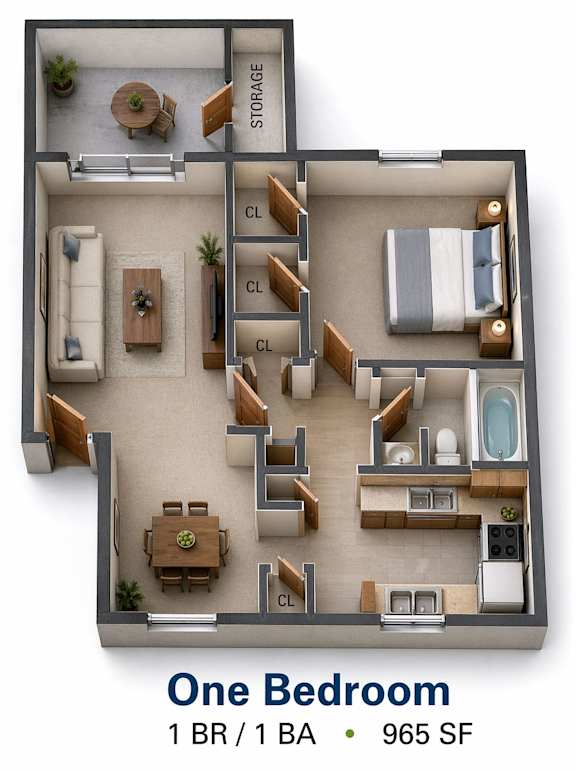 Floor Plan  A floor plan of a one bedroom apartment with a living room, kitchen, and bathroom.