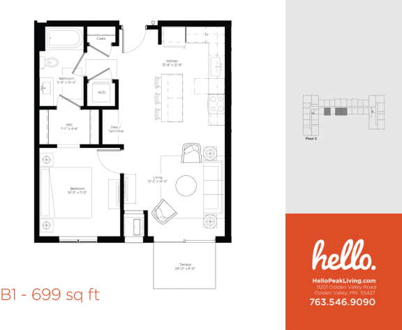 Floor Plan  B1 Floor Plan at Hello Apartments, Minneapolis, MN, 55427