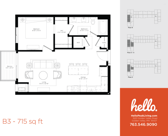 Floor Plan  B3 Floor Plan at Hello Apartments, Minneapolis, 55427