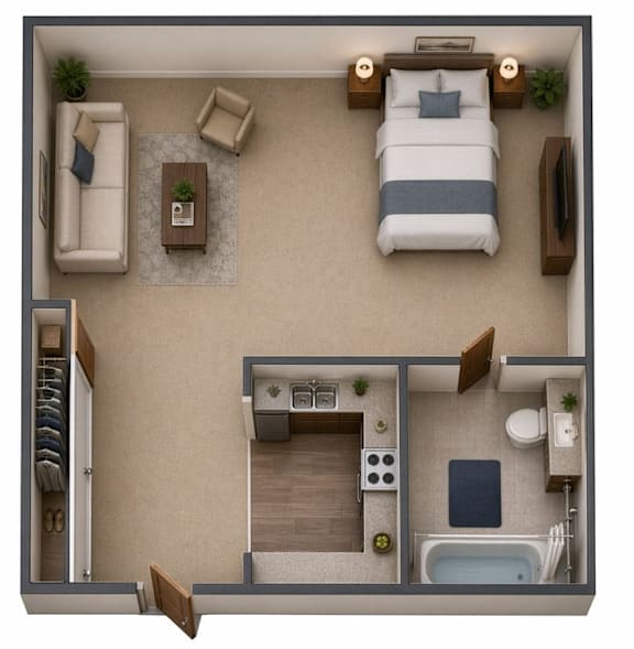A top-down view of a small, neatly organized bedroom with a bed, a couch, a chair, a small table, a wardrobe, and a bathroom with a bathtub.
