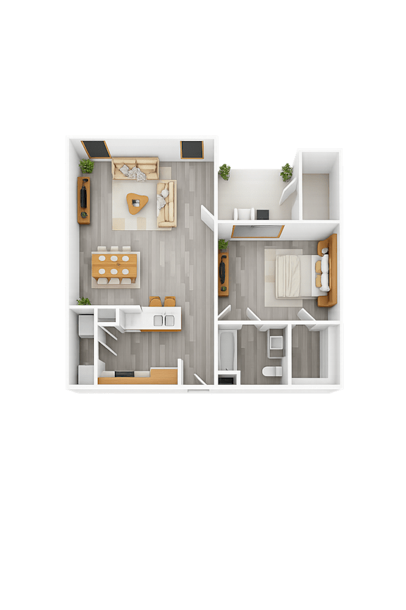 Floor Plan  A top-down view of a house layout with a kitchen, living room, dining area, and bedrooms.
