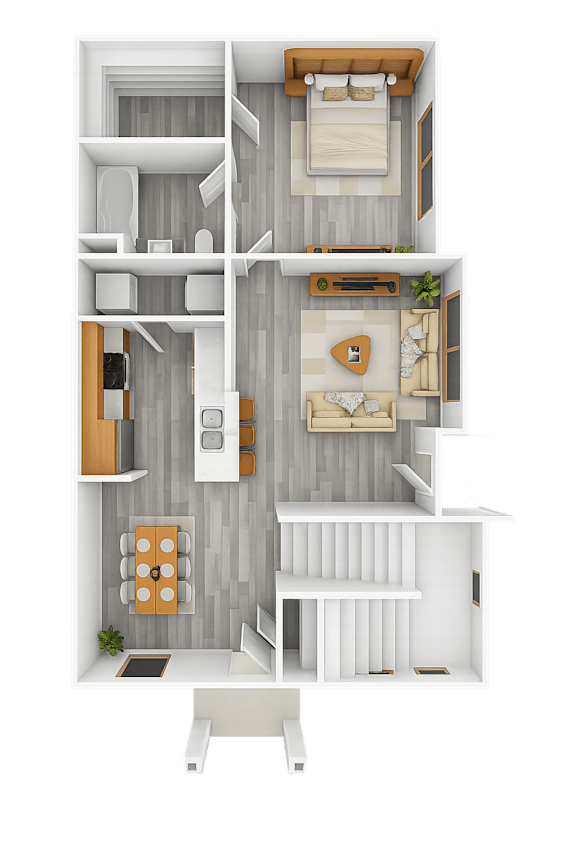 A top-down view of a small apartment with a kitchen, living room, and bathroom.