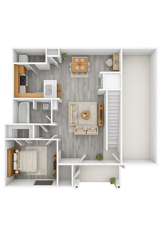 Floor Plan  A top-down view of a small apartment with a kitchen, living room, and bedroom.