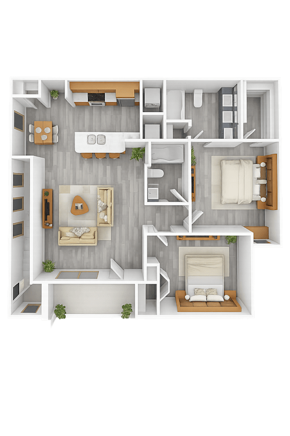 A top-down view of a house layout with a living room, kitchen, dining area, and bedrooms.