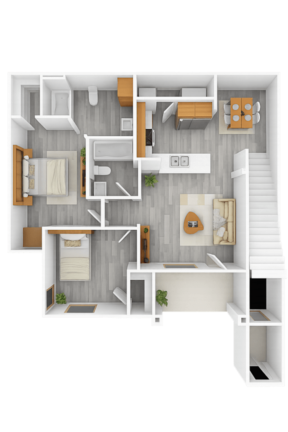 A top-down view of a house layout with a living room, kitchen, and two bedrooms.