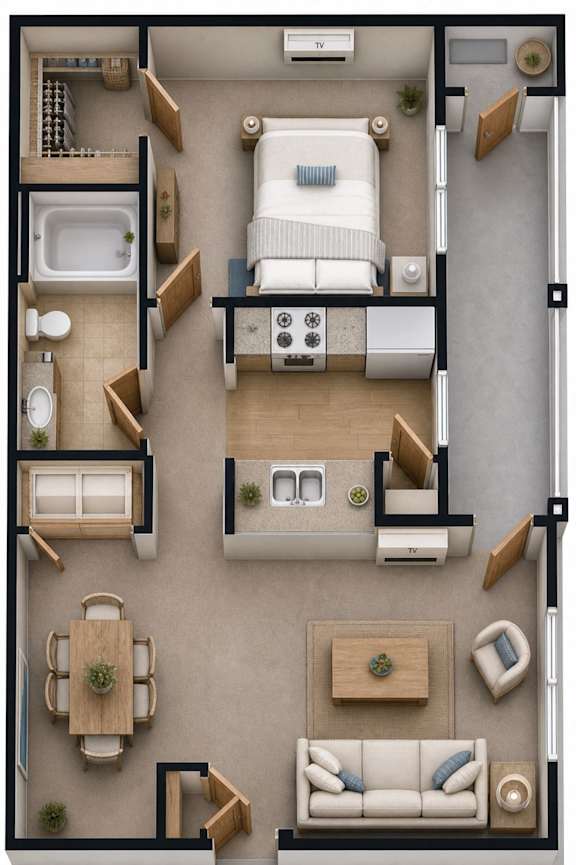 A top-down view of a small apartment with a bedroom, living room, and bathroom.