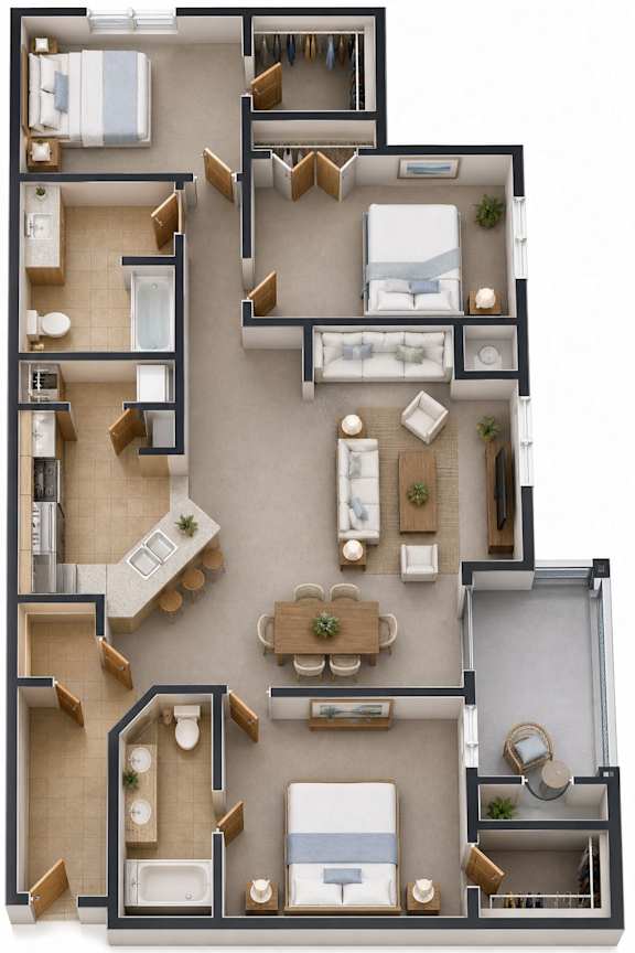 A detailed 3D floor plan of a multi-bedroom apartment.