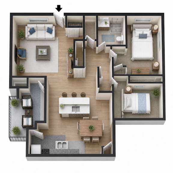 A detailed 3D floor plan of a multi-bedroom apartment.