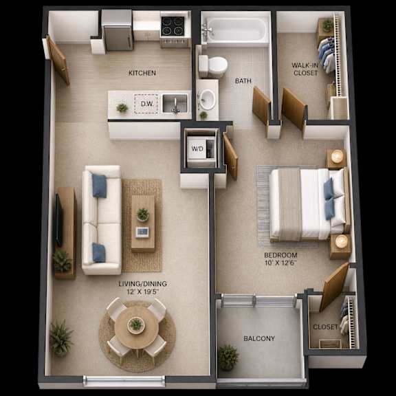 A floor plan of a small apartment with a living room, kitchen, bathroom, and balcony.