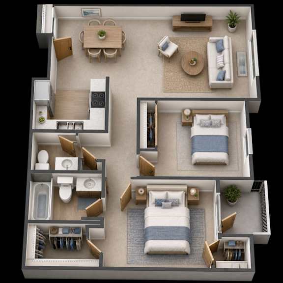 A 3D floor plan of a small apartment with two bedrooms, a living room, a kitchen, and a bathroom.