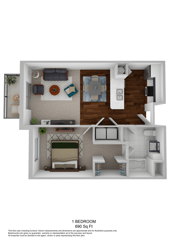 Floor Plan  3D floor plan of one bedroom apartment at The Beckstead Apartments, South Jordan, Utah