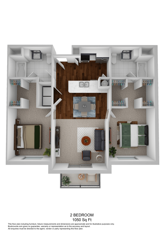3D floor plan for two bedroom two bathroom layout at The Beckstead Apartments, South Jordan