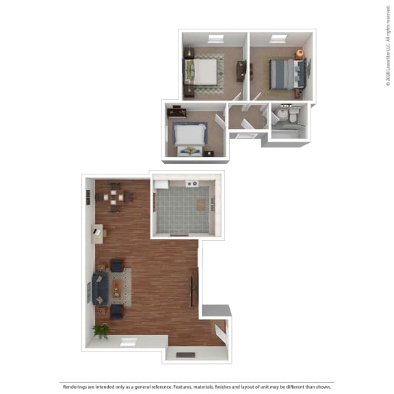 Floor Plan  3D floor plan with three bedrooms and open layout at Carver Ridge Townhomes Apartments, Chaska, MN 55318