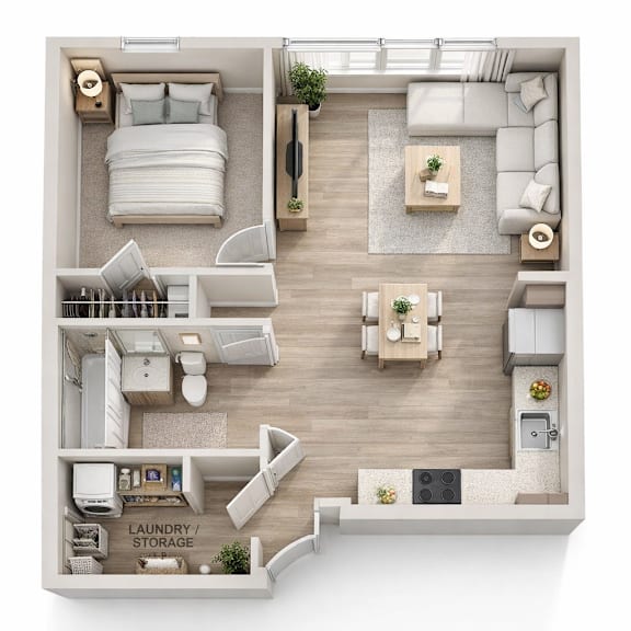 3D floor plan of one bedroom apartment at The Foundry Apartments, Englewood