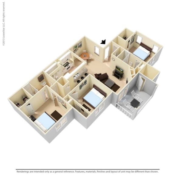 Floor Plan  3D floor plan with three bedrooms and bathrooms at Delta Crossing Apartments, Charlotte, North Carolina