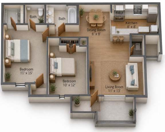 A 3D floor plan of a house with two bedrooms, a living room, a dining room, a kitchen, and two bathrooms.