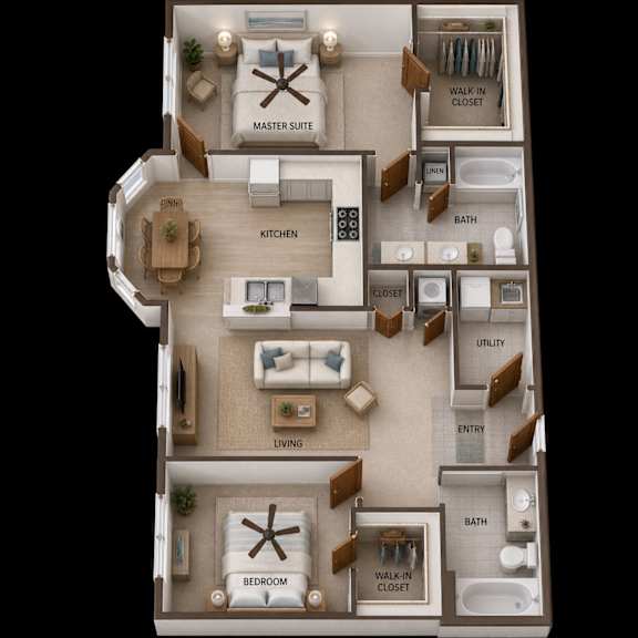 A 3D floor plan of a house showing a master suite, living room, kitchen, and bathroom.