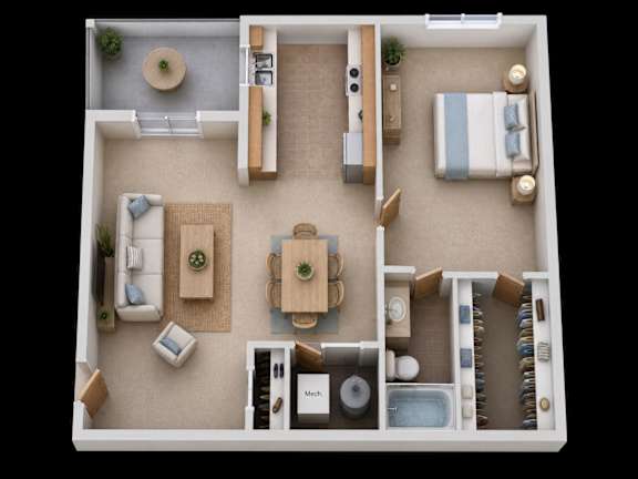 A top-down view of a small apartment with a living room, kitchen, and bathroom.