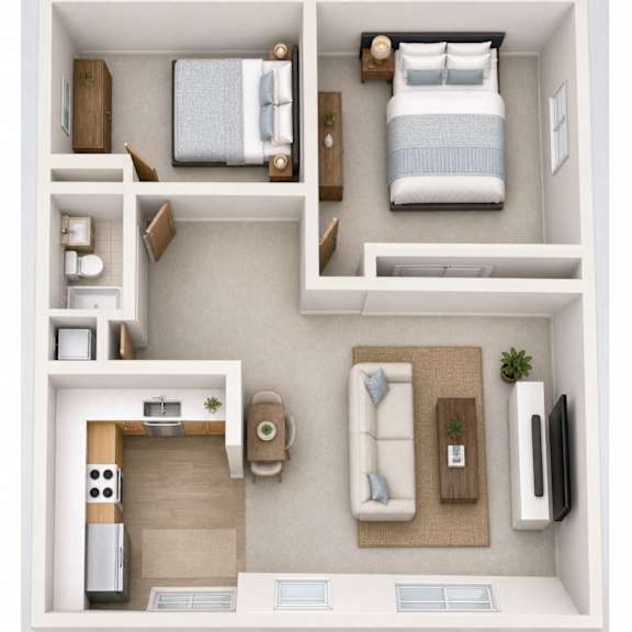 A top-down view of a small apartment with a bed, couch, and kitchen area.