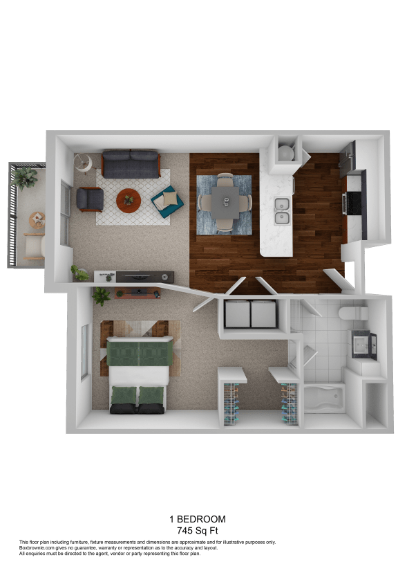 One bedroom apartment 3D floor plan layout at The Beckstead Apartments, Utah