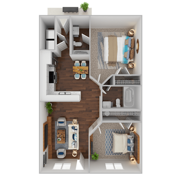 3D floor plan with two bedrooms and bathroom at Davidson Homes Apartments, Concord, 28027
