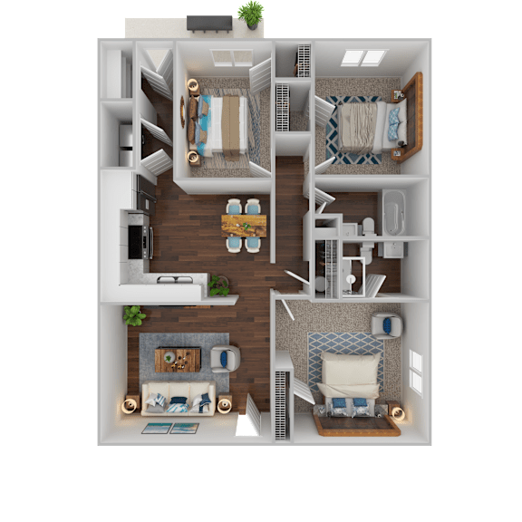 3D floor plan with three bedrooms and two bathrooms at Davidson Homes Apartments, Concord, North Carolina