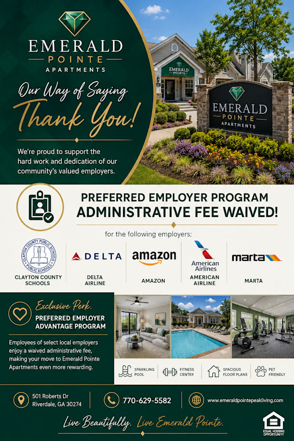 A poster for Emerald Pointe Apartments thanking employees and advertising preferred employer programs with Delta, Amazon, American Airlines, and Marta.