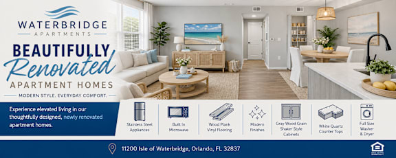 A flyer for Waterbridge Apartments showcasing their renovated homes.
