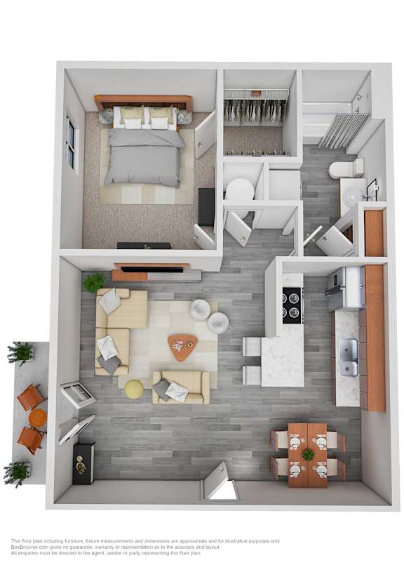 A floor plan of a small apartment with a bedroom, living room, and kitchen.