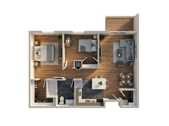 A 3D floor plan of a house layout.