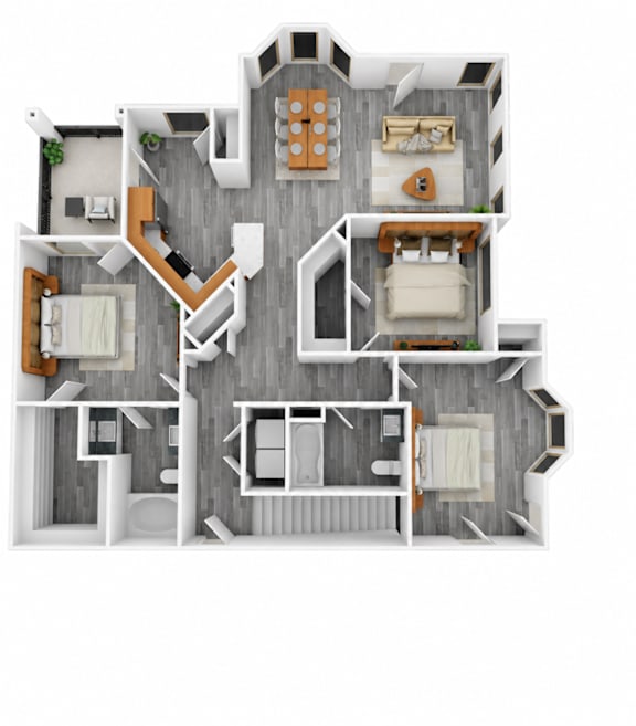 Floor Plan  A 3D floor plan of a house with multiple rooms and furniture.