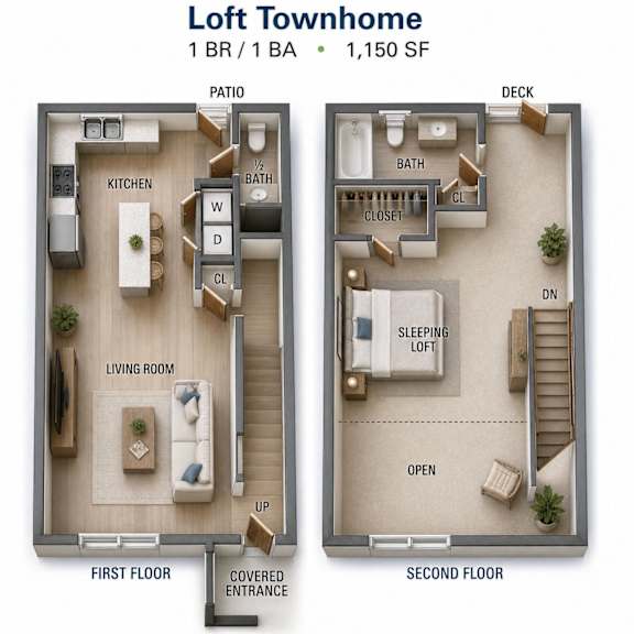 A floor plan of a loft townhome with two bedrooms, two bathrooms, and a living area.