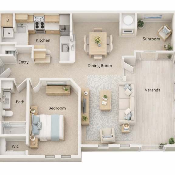 A floor plan of a house with a kitchen, dining room, living room, and bedrooms.