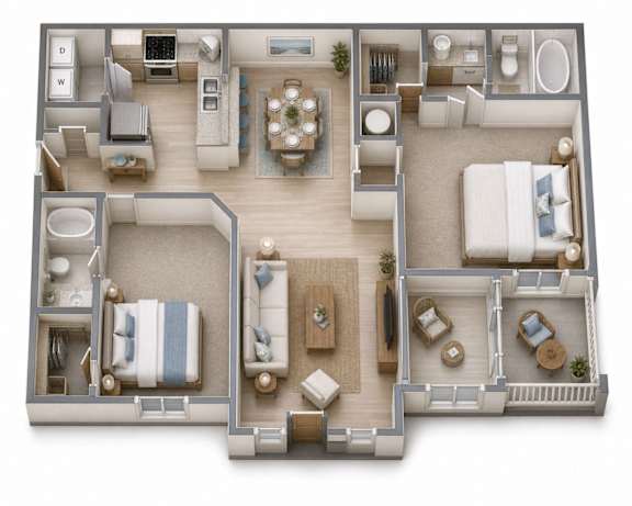 A 3D floor plan of a house with two bedrooms, a living room, a kitchen, and a bathroom.