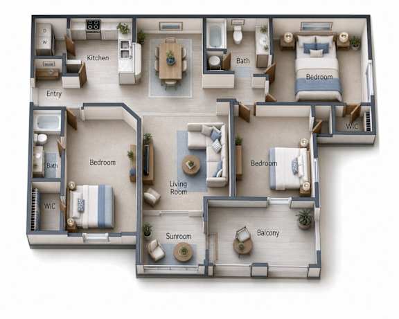 A 3D floor plan of a house with labeled rooms.