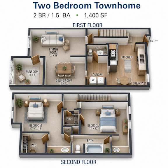 Floor Plan  Two bedroom townhome floor plan layout at Linden Ridge Apartments, Stone Mountain