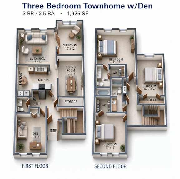 3D floor plan for three bedroom townhome with den at Linden Ridge Apartments, Georgia, 30083