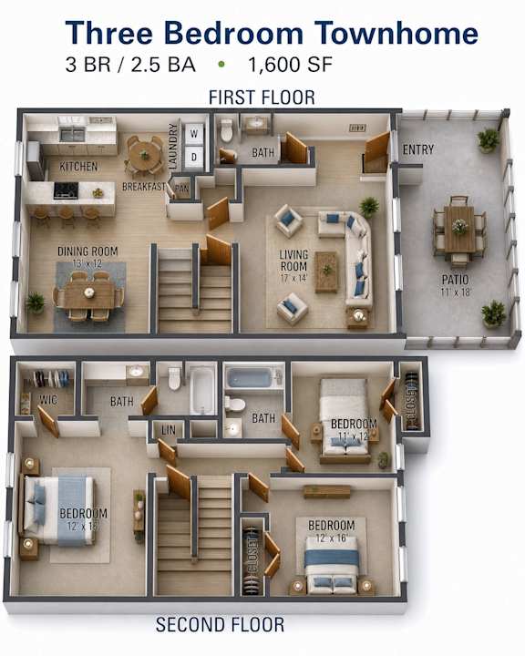 Floor Plan  3D floor plan of three bedroom townhome at Linden Ridge Apartments, Stone Mountain, GA 30083