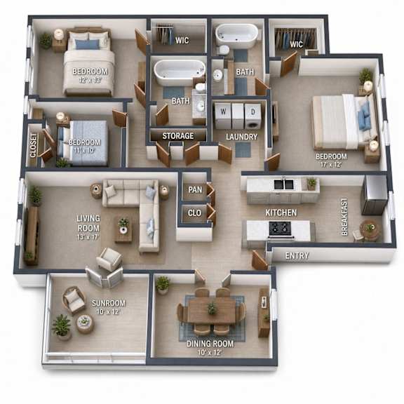 Floor Plan  3D floor plan with three bedrooms and two baths at Linden Ridge Apartments, Stone Mountain, GA