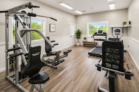 A well-equipped home gym with a variety of exercise machines.