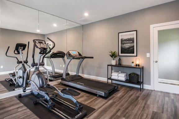 A home gym with a treadmill, elliptical machines, and a stationary bike.