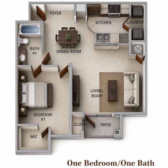 A floor plan of a one bedroom/one bath apartment.