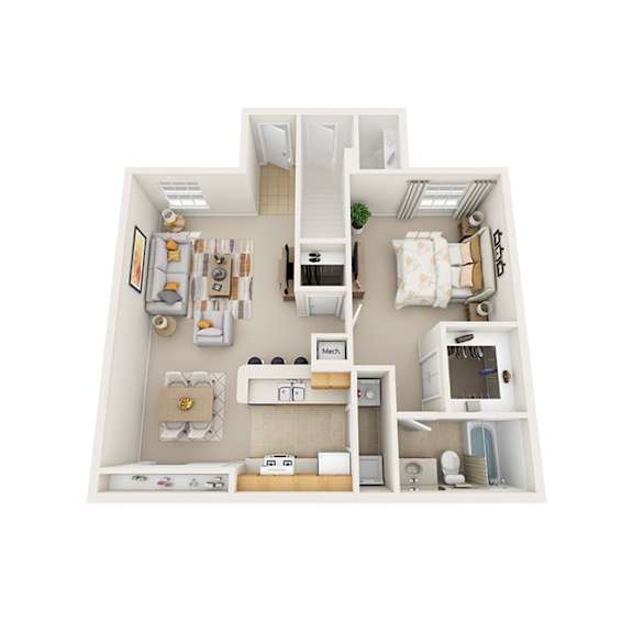 Floor Plan  A 3D floor plan of a small apartment with a kitchen, living room, and bathroom.