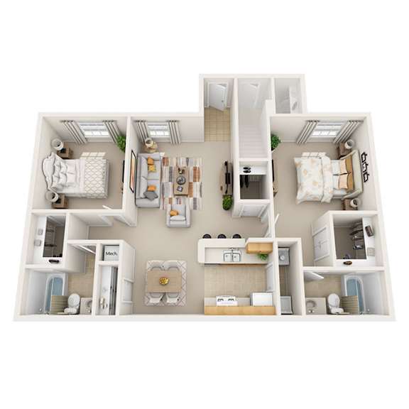 A white model of a house with a kitchen, living room, and two bedrooms.