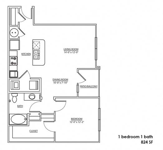 a floor plan of a one bedroom apartment with a bathroom and a closet