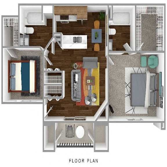 Two bedroom two bathroom floor plan layout at Stetson Meadows Apartments, Colorado
