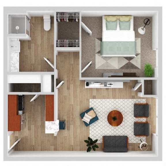 A top-down view of a living room with a couch, coffee table, and a television.