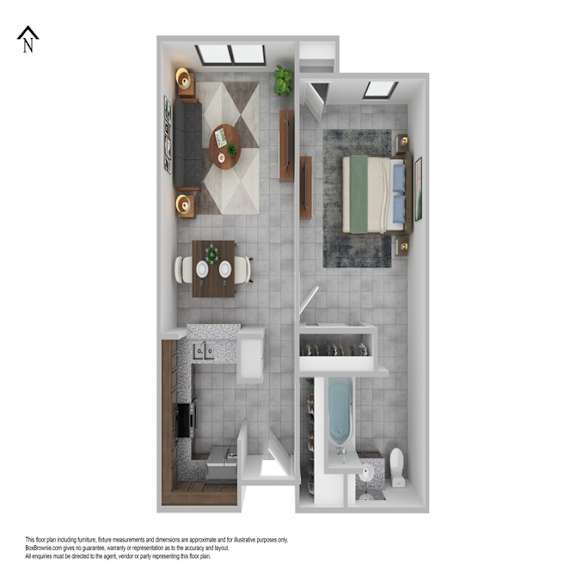 A floor plan of a small apartment with a kitchen, living room, and bathroom.