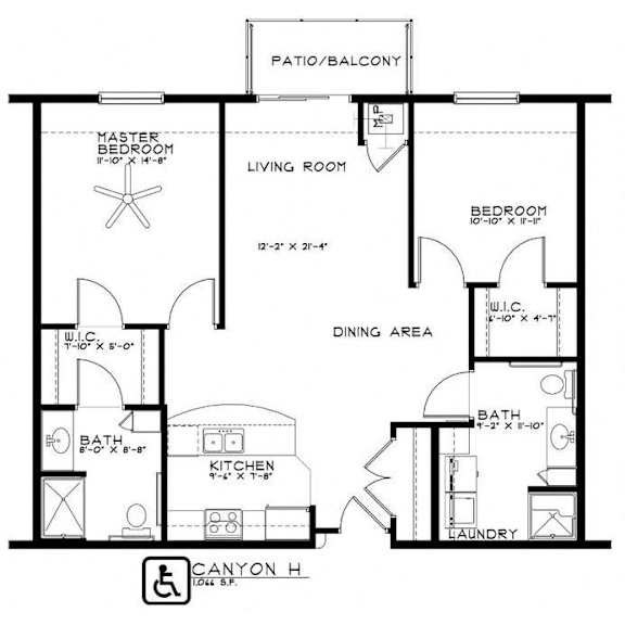 A floor plan of a home with a master bedroom, living room, dining area, kitchen, and bathrooms.